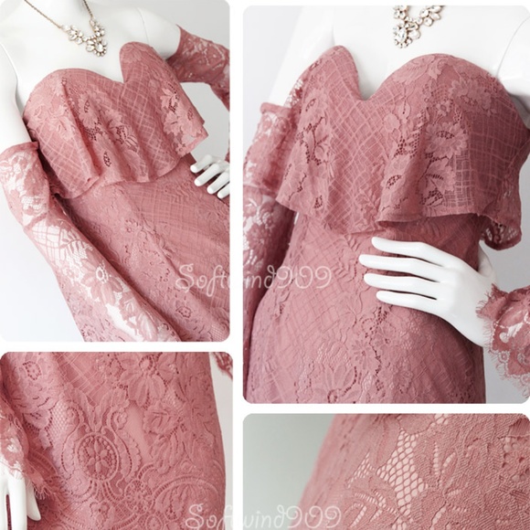 Last☝️Pink Ruffle Off Shoulder Lace Cocktail Dress - Picture 4 of 8